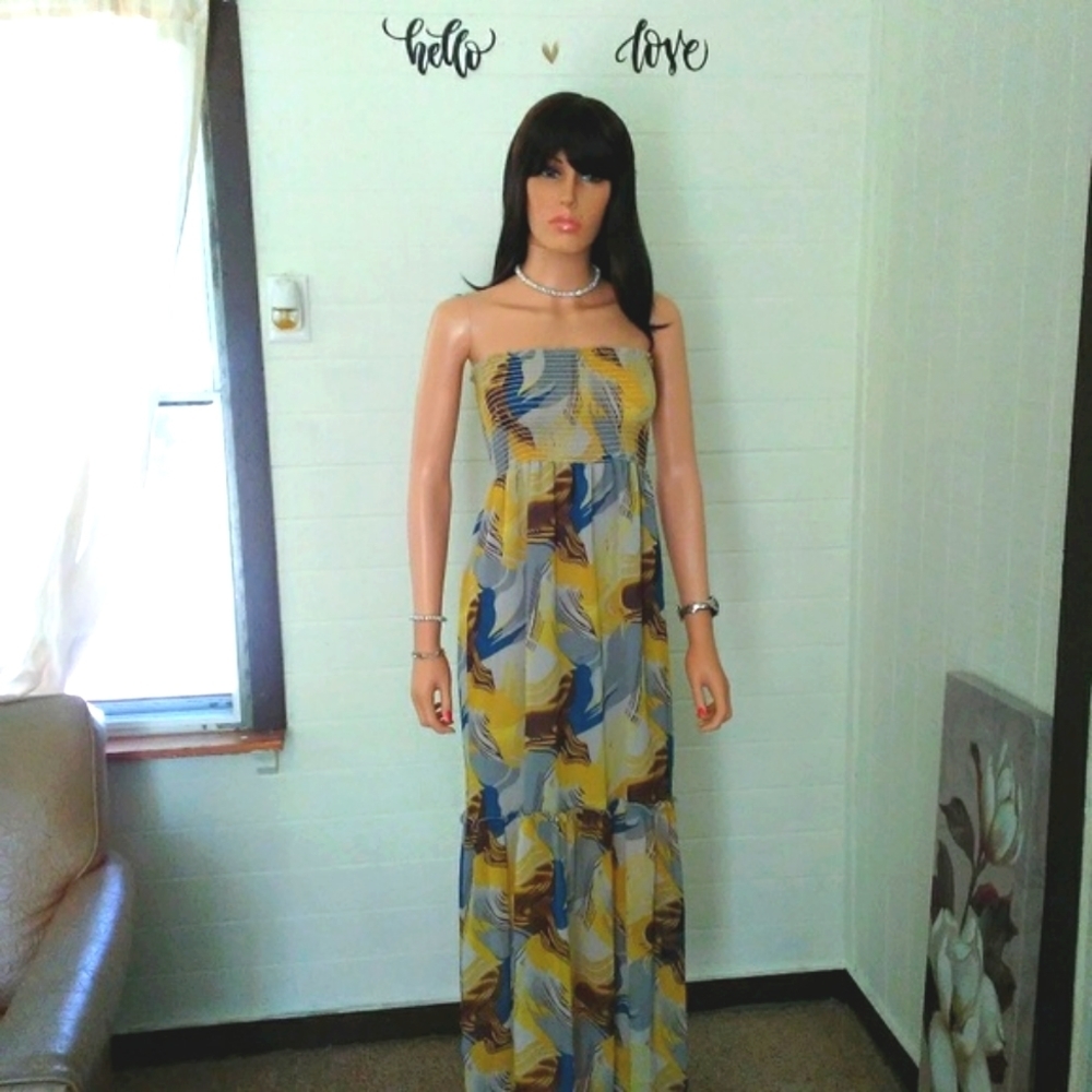 Yellow & Blue Floor Length‎ Maxi Dress